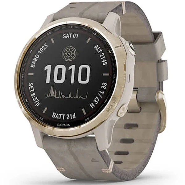 Garmin Fenix 6S Pro Solar 42 mm vaalea kulta ja harmaa mokkanahkahihna, monilajiälykello 010-02409-26