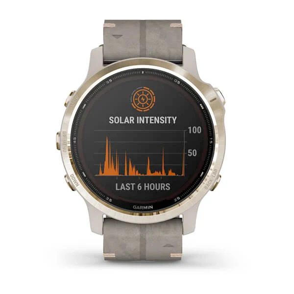 Garmin Fenix 6S Pro Solar 42 mm vaalea kulta ja harmaa mokkanahkahihna, monilajiälykello 010-02409-26 - Image 2