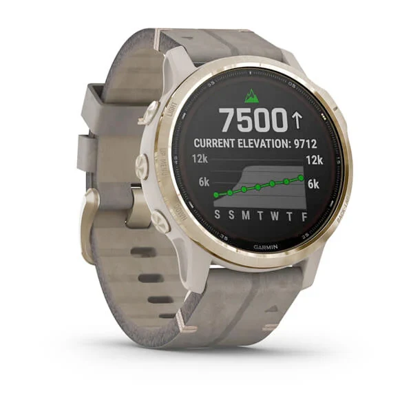 Garmin Fenix 6S Pro Solar 42 mm vaalea kulta ja harmaa mokkanahkahihna, monilajiälykello 010-02409-26 - Image 3