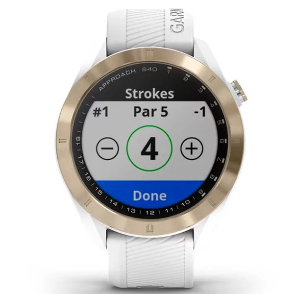 Garmin Approach® S40 vaalea kulta ja valkoinen hihna, golfrannekello 010-02140-02