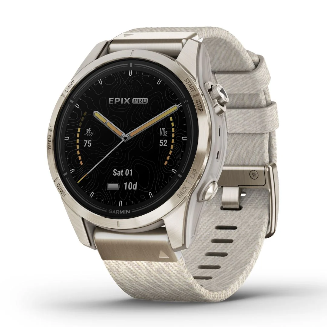 Garmin Epix Pro Gen 2 Sapphire, 42 mm, kullansävy ja kermanvärinen nailonranneke, AMOLED GPS-älykello 010-02802-20