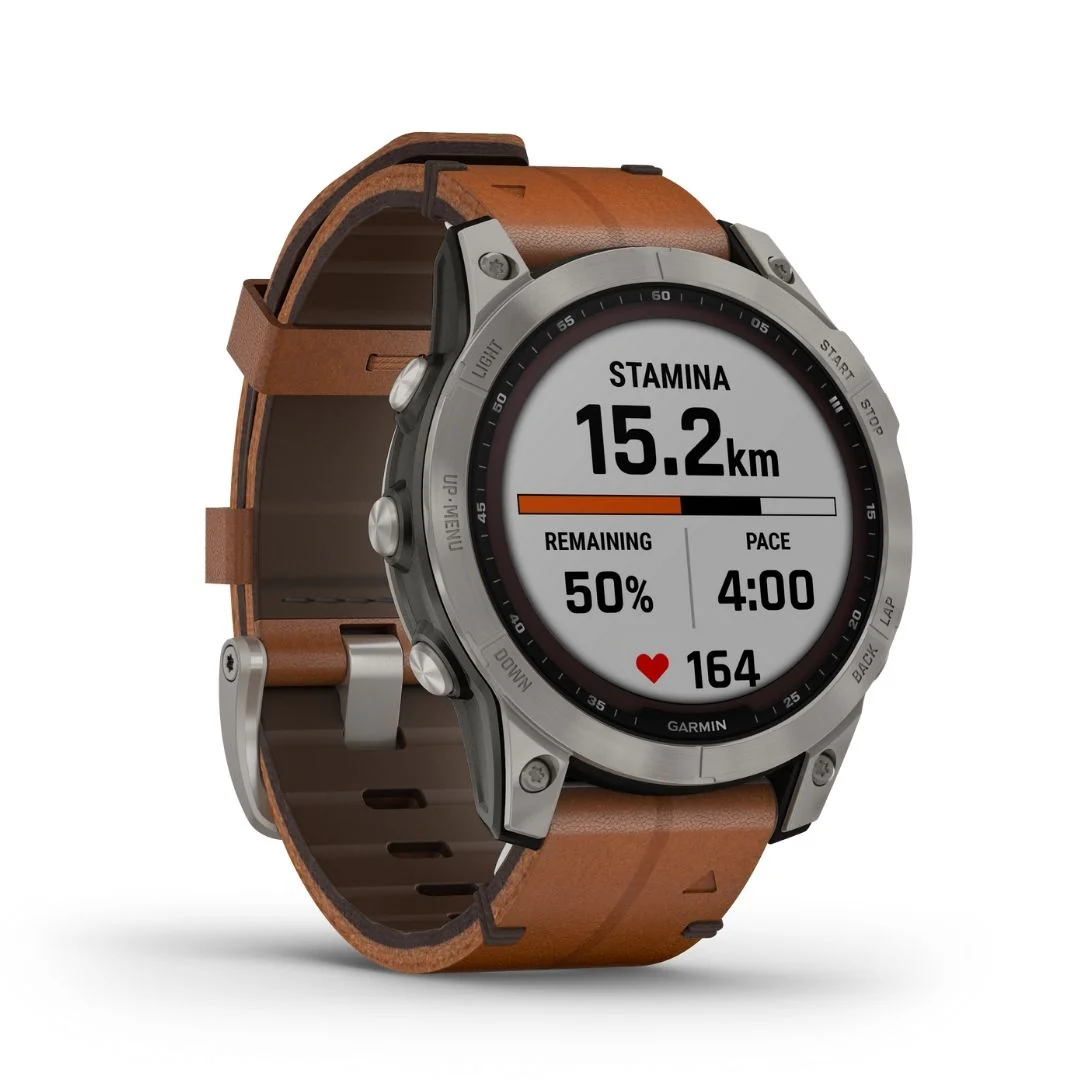 Garmin Fenix 7 Sapphire Solar, titaani ja ruskea nahkaranneke sekä silikoniranneke 010-02540-31 - Image 2