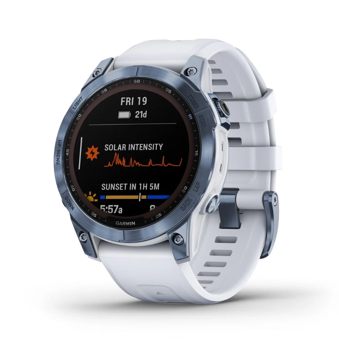 Garmin Fenix 7 Sapphire Solar, vaaleansininen DLC-titaani ja vaaleanharmaa ranneke 010-02540-25