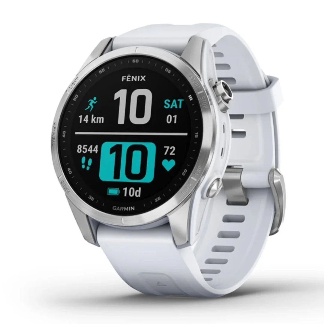 Garmin Fenix 7S, hopea ja vaaleanharmaa ranneke, multisport-GPS-älykello, 010-02539-03