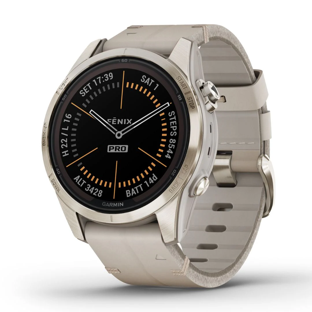 Garmin Fenix 7S Pro Sapphire Solar, kullansävy ja vaaleanharmaa nahkaranneke, multisport-GPS-älykello 010-02776-30
