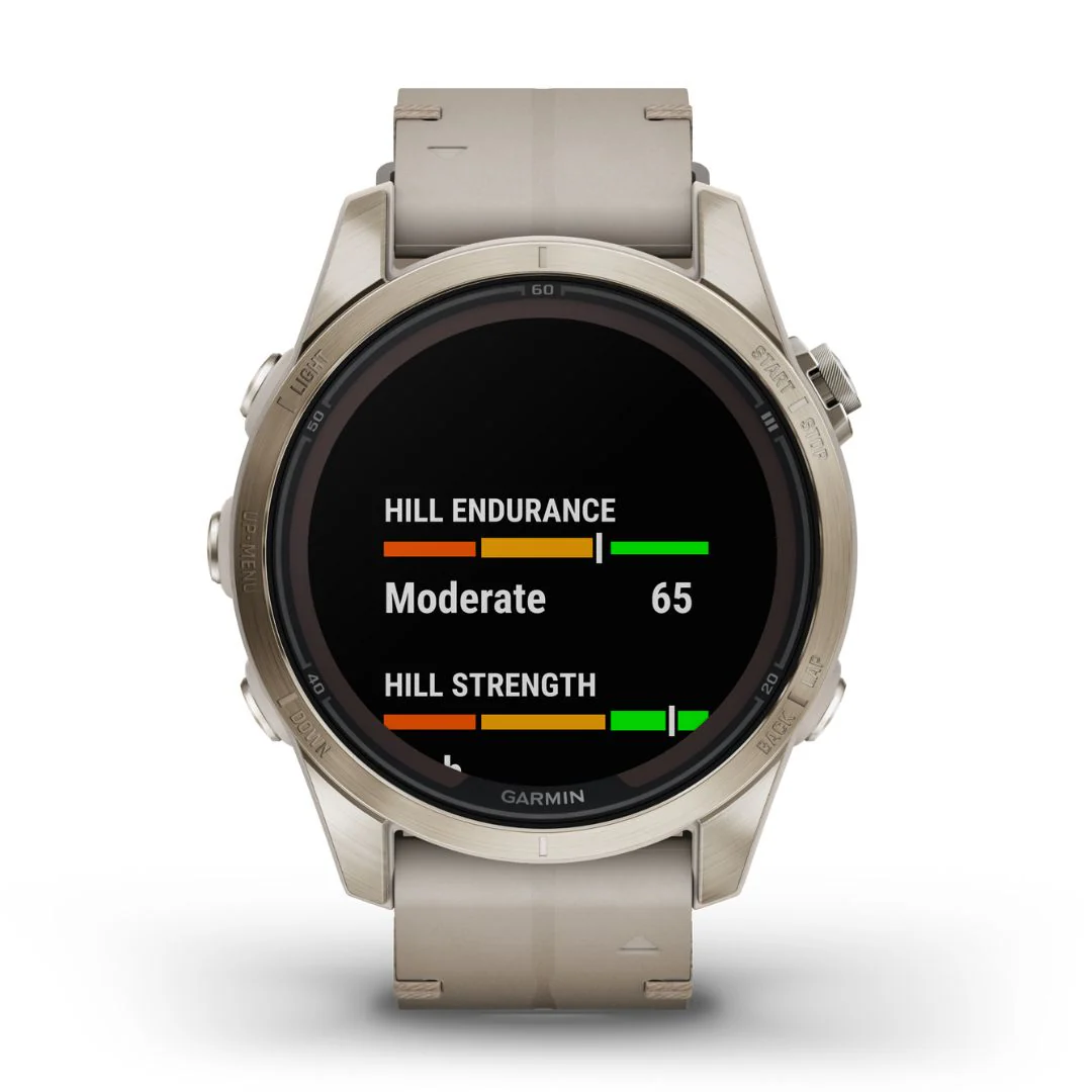 Garmin Fenix 7S Pro Sapphire Solar, kullansävy ja vaaleanharmaa nahkaranneke, multisport-GPS-älykello 010-02776-30 - Image 2