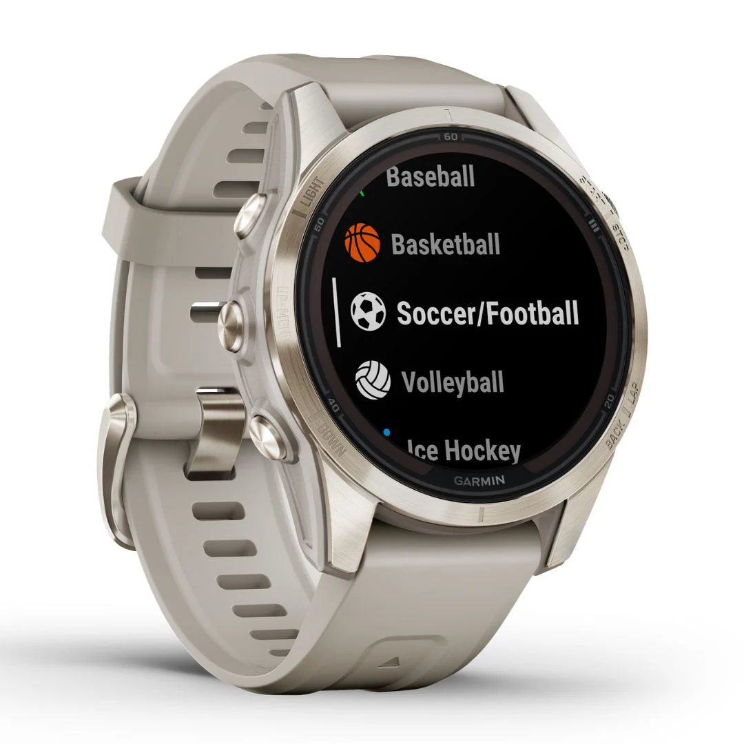 Garmin Fenix 7S Pro Sapphire Solar, kullansävy ja vaaleanharmaa nahkaranneke, multisport-GPS-älykello 010-02776-30 - Image 3