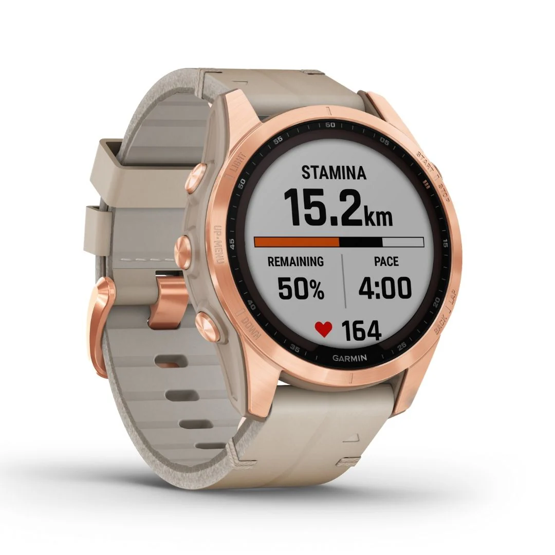 Garmin Fenix 7S Sapphire Solar, ruusukulta titaani ja kalkkikiven värinen nahkaranneke sekä silikoniranneke 010-02539-35 - Image 2
