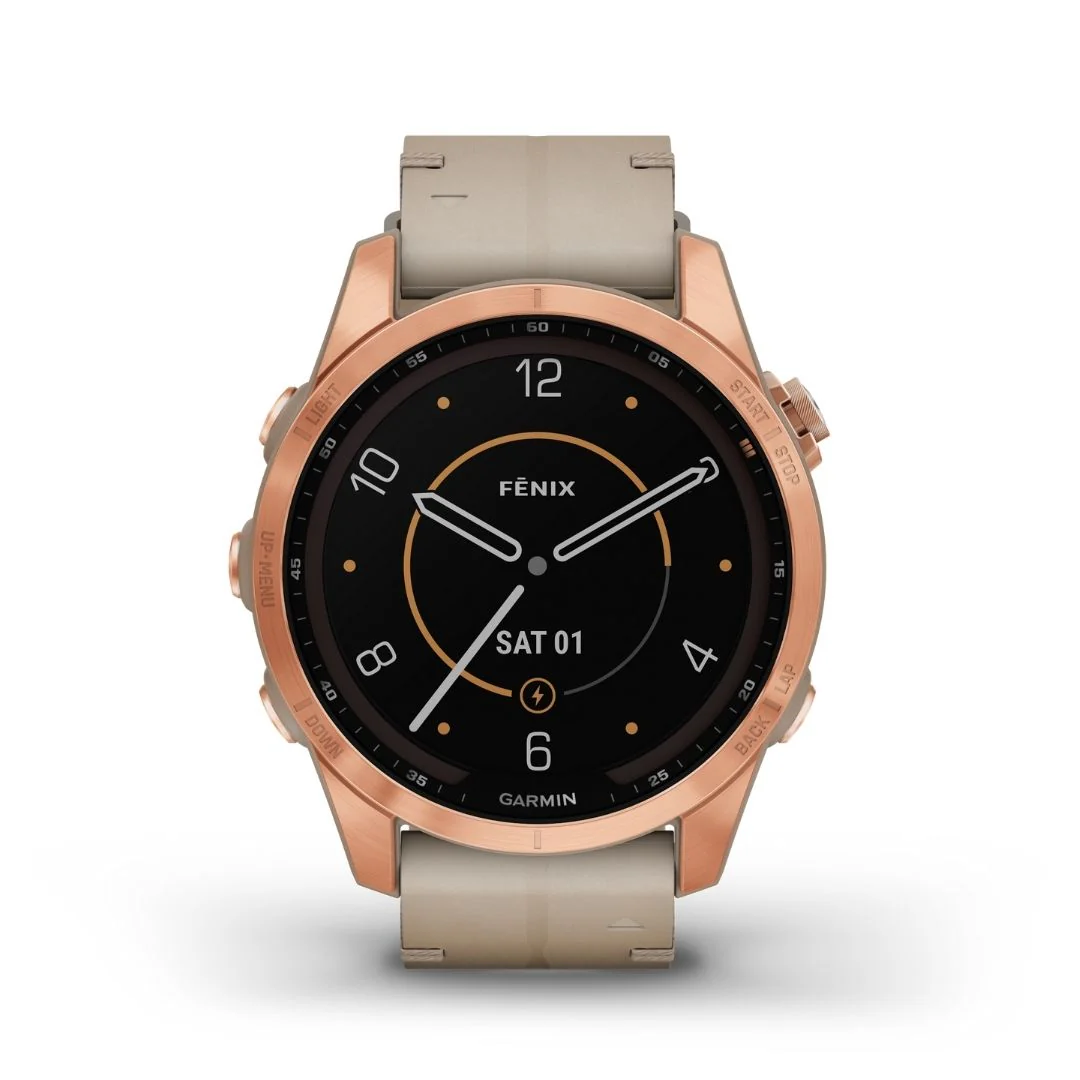 Garmin Fenix 7S Sapphire Solar, ruusukulta titaani ja kalkkikiven värinen nahkaranneke sekä silikoniranneke 010-02539-35 - Image 3