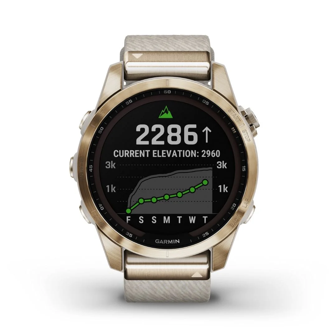 Garmin Fenix 7S Sapphire Solar, vaalea kulta ja meleerattu nailonranneke sekä silikoniranneke 010-02539-39 - Image 2