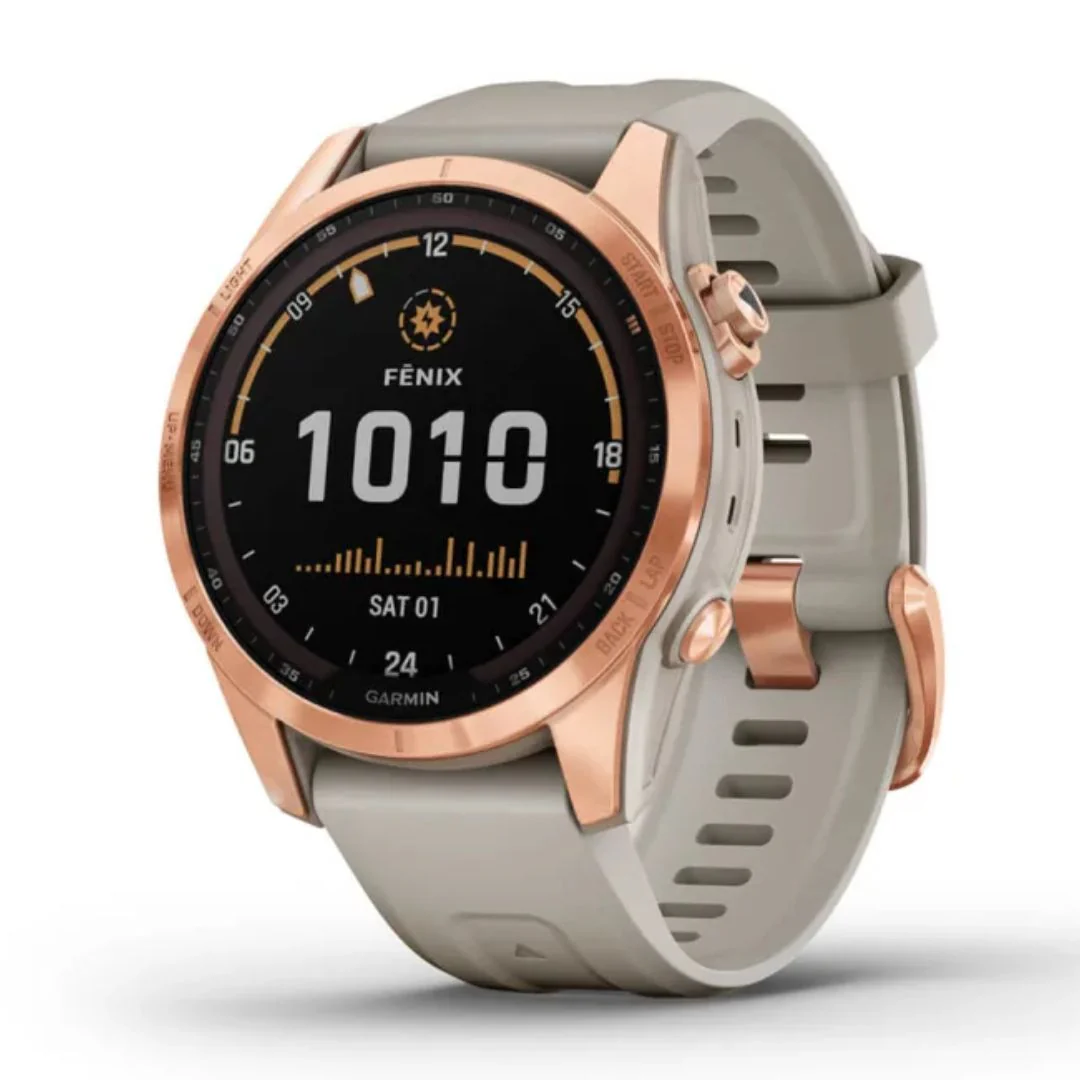 Garmin Fenix 7S Solar, ruusukulta ja vaalean hiekan värinen ranneke, multisport-GPS-älykello 010-02539-11
