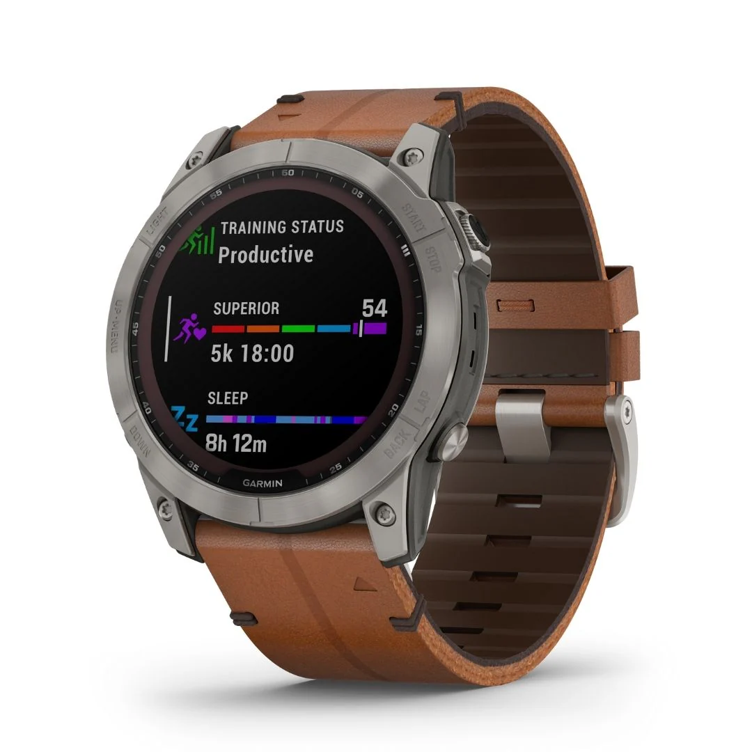 Garmin Fenix 7X Sapphire Solar, titaani, ruskea nahkaranneke sekä silikoniranneke 010-02541-19