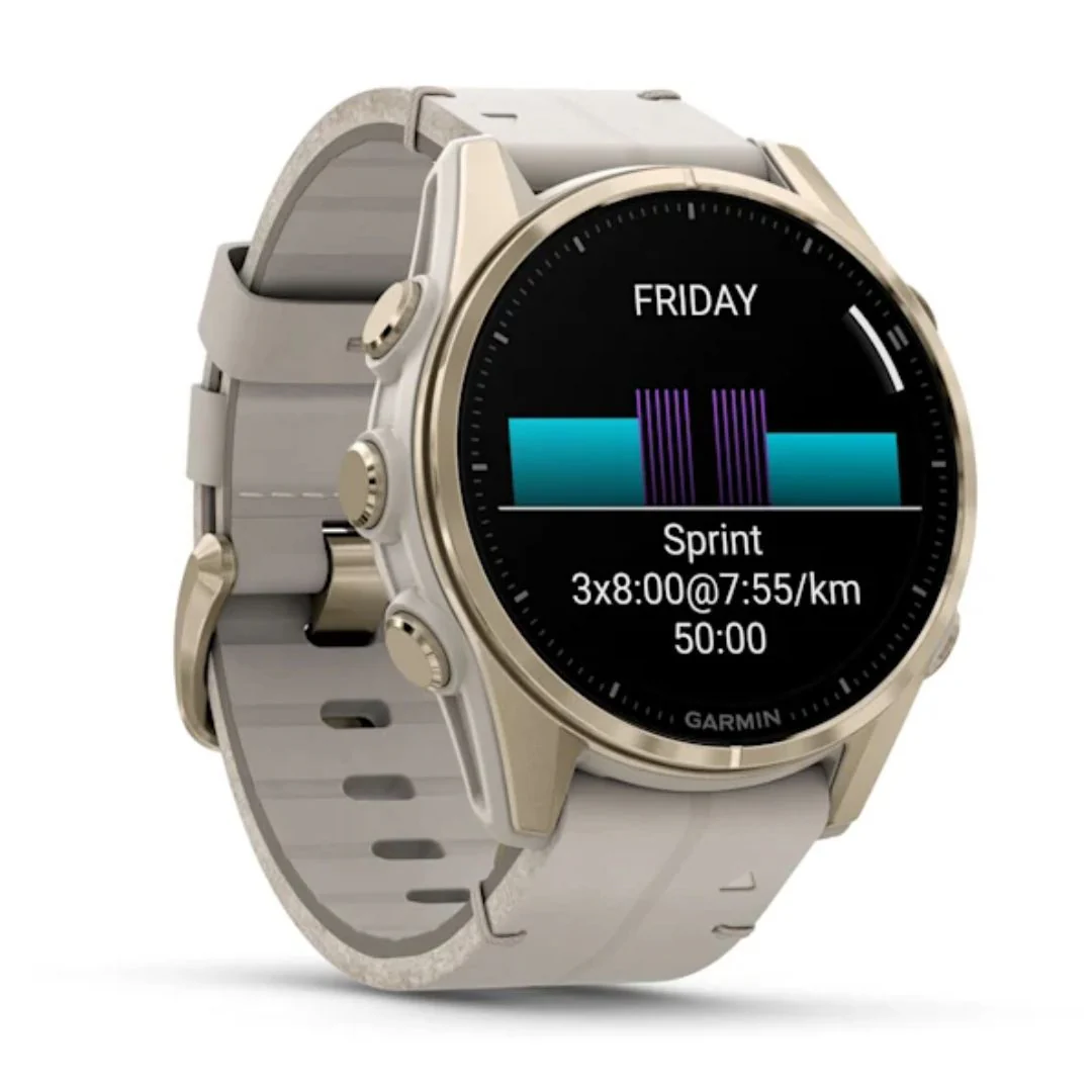 Garmin Fenix 8, 43mm Amoled Sapphire, vaalea kulta ja kalkkikivenvärinen nahkahihna, älykello 010-02903-40 - Image 2