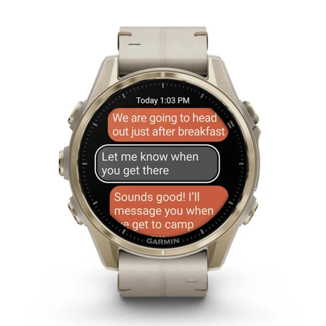 Garmin Fenix 8, 43mm Amoled Sapphire, vaalea kulta ja kalkkikivenvärinen nahkahihna, älykello 010-02903-40 - Image 3
