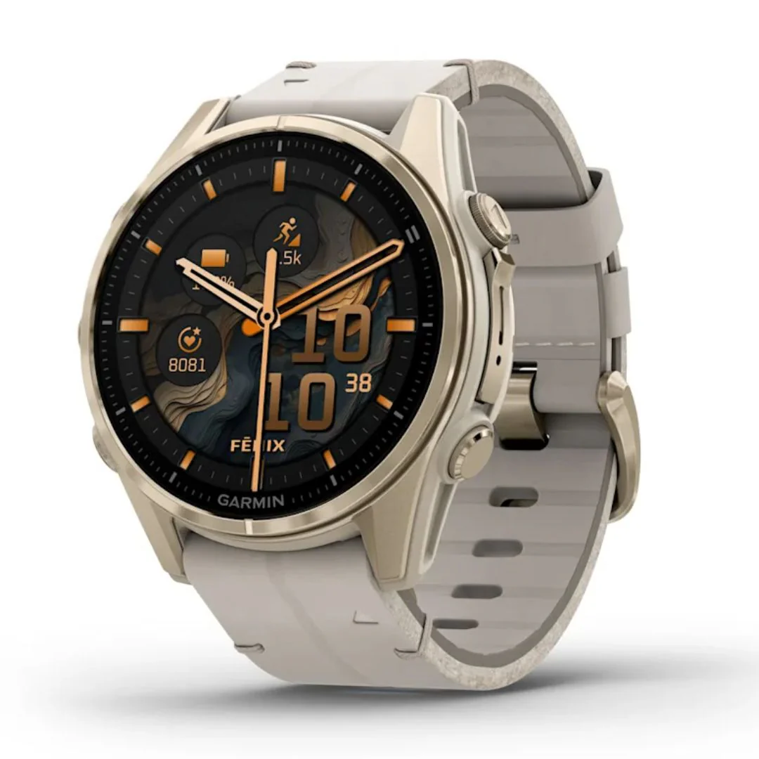 Garmin Fenix 8, 43mm Amoled Sapphire, vaalea kulta ja kalkkikivenvärinen nahkahihna, älykello 010-02903-40 - Image 4