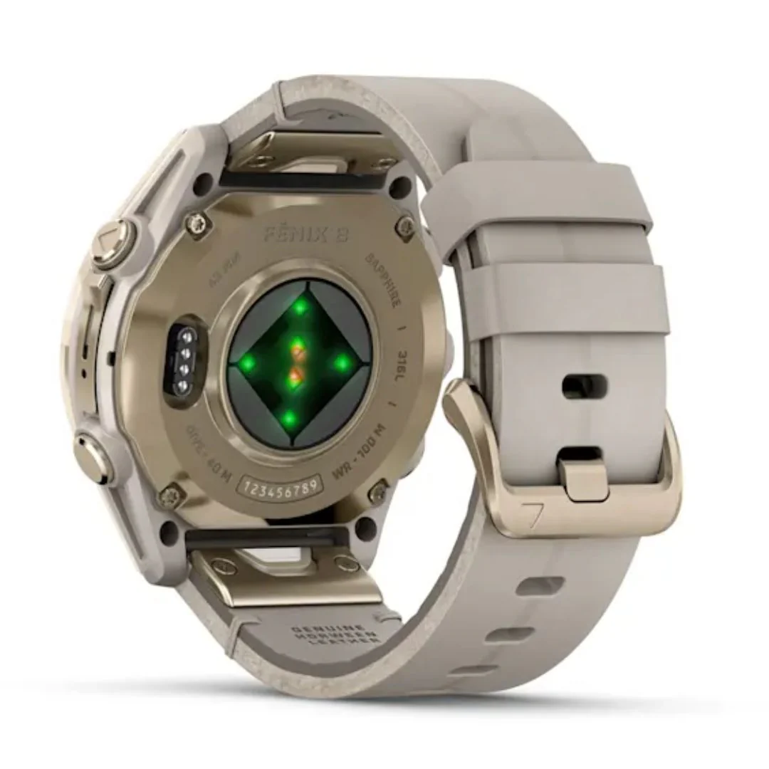 Garmin Fenix 8, 43mm Amoled Sapphire, vaalea kulta ja kalkkikivenvärinen nahkahihna, älykello 010-02903-40 - Image 5