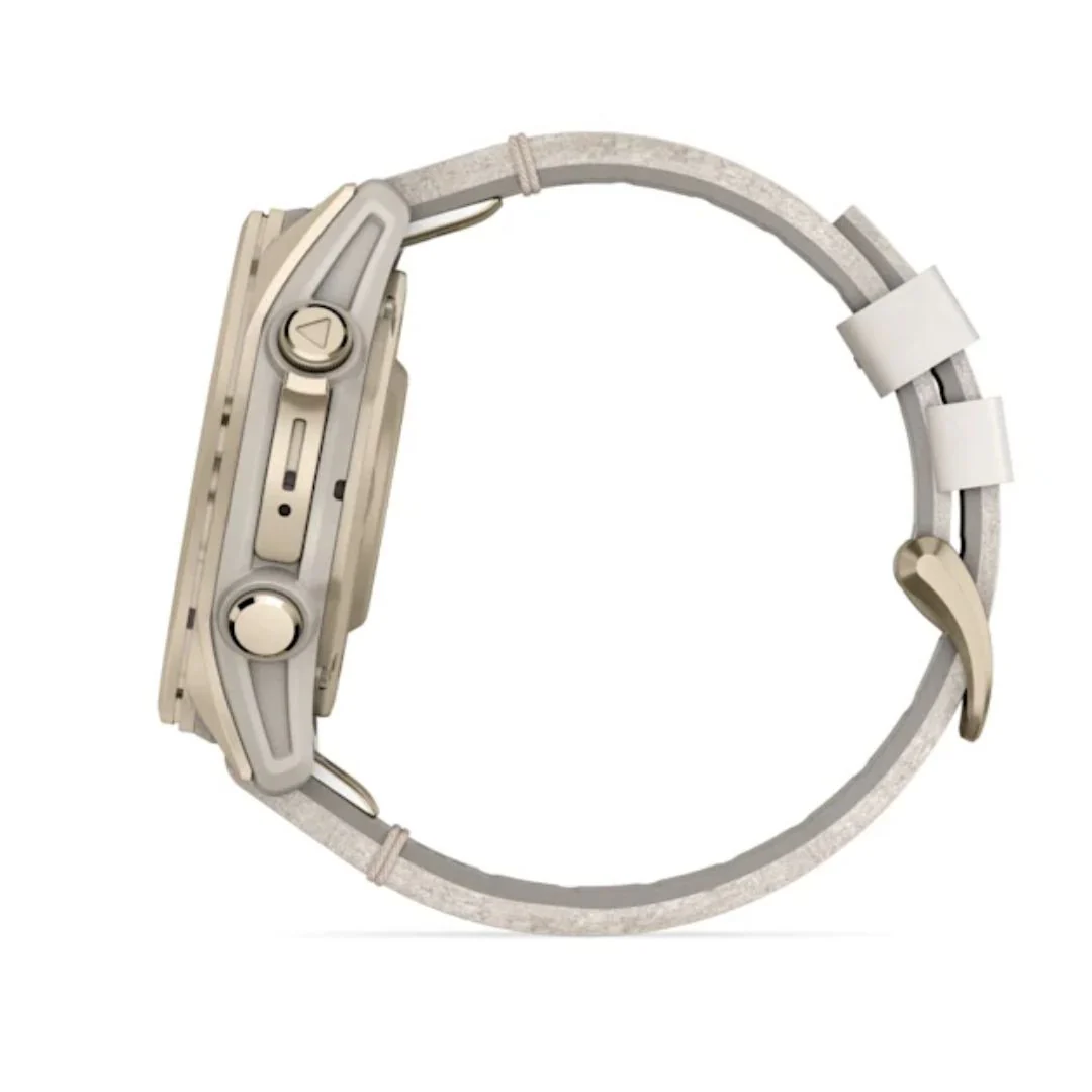 Garmin Fenix 8, 43mm Amoled Sapphire, vaalea kulta ja kalkkikivenvärinen nahkahihna, älykello 010-02903-40 - Image 6