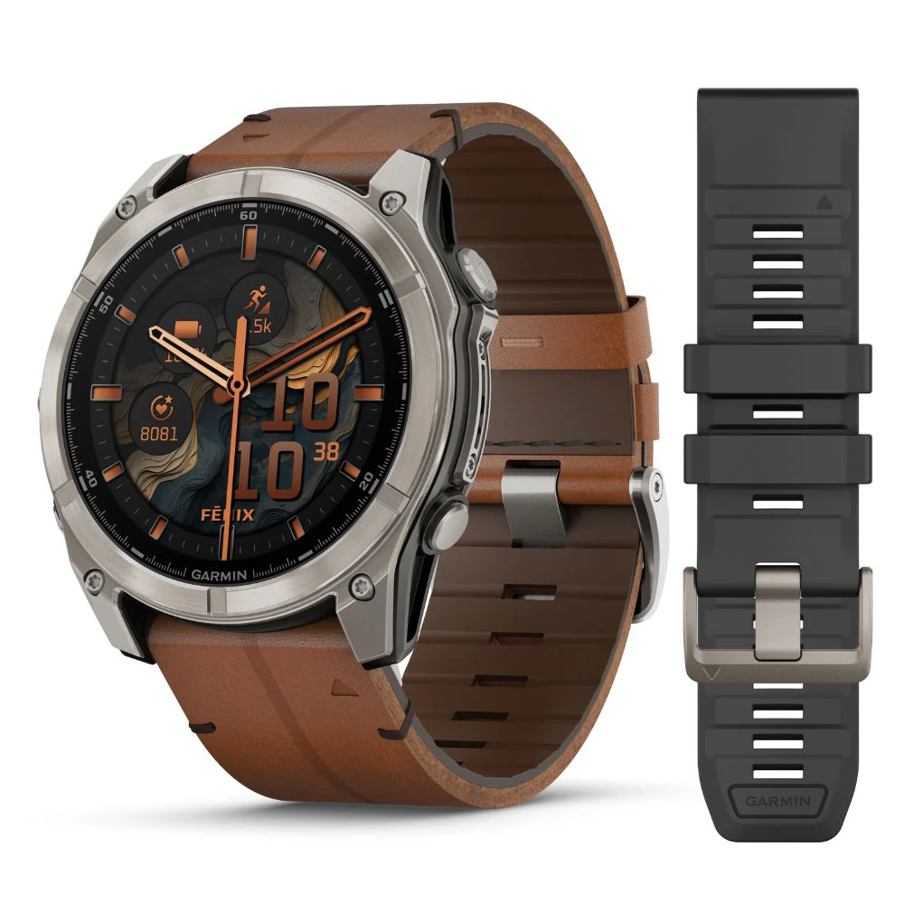 Garmin Fenix 8, 51mm Amoled Sapphire, hiilenharmaa titaani ja ruskea nahkaranneke, älykello 010-02905-40