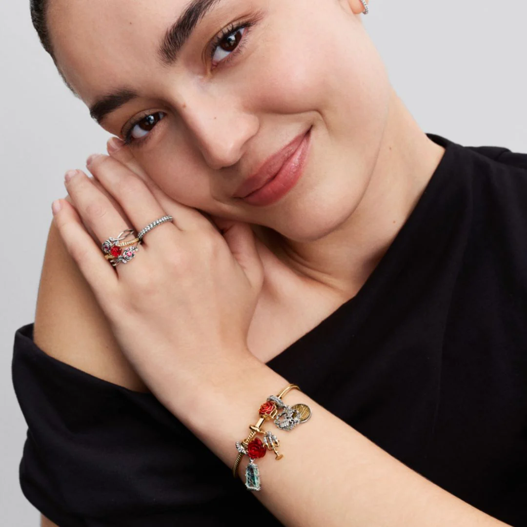Pandora Disney Beauty and the Beast Enchanted Rose sormus, keltakullattu, 163984C01 - Image 3