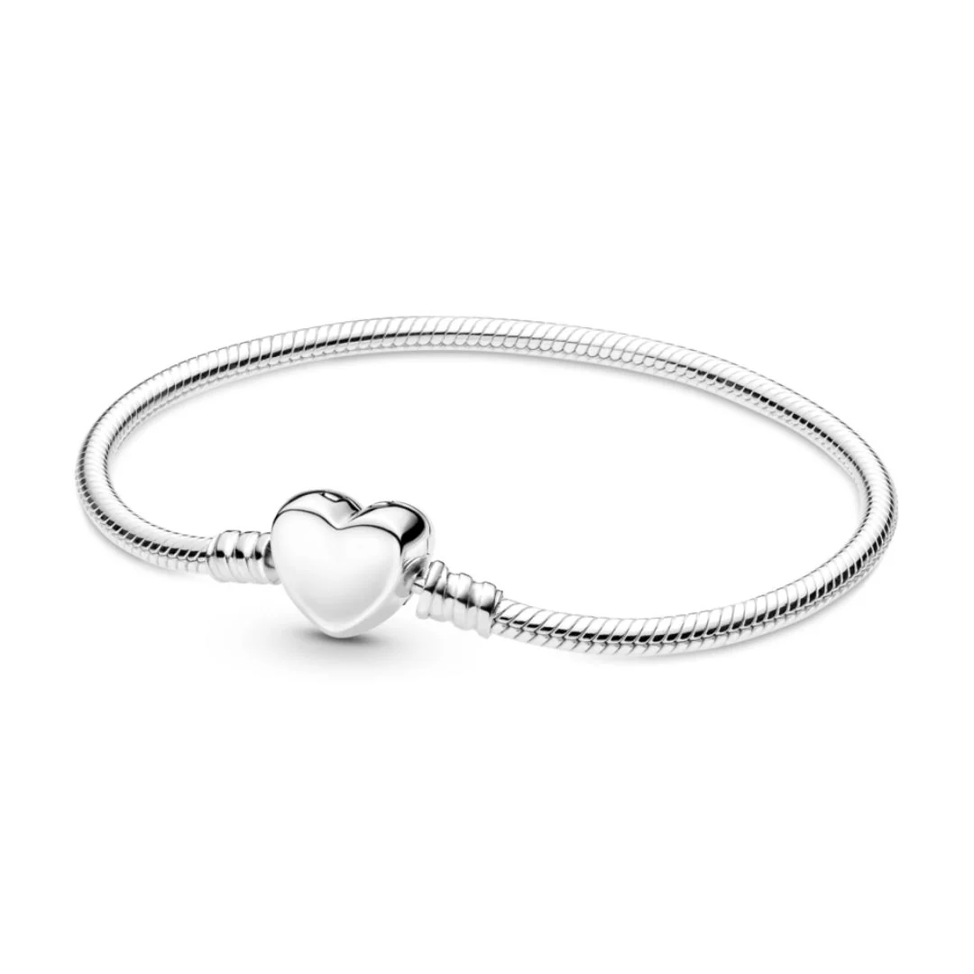 Pandora Moments Engravable Heart Clasp Snake Chain rannekoru, hopea, 599206C00