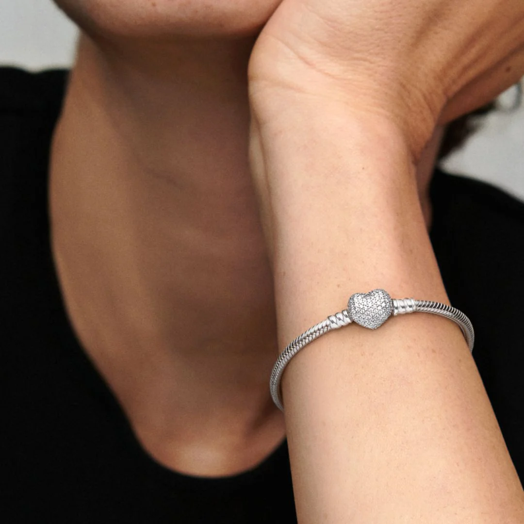 Pandora Moments Sparkling Heart & Snake Chain rannekoru, hopea, 590727CZ - Image 5