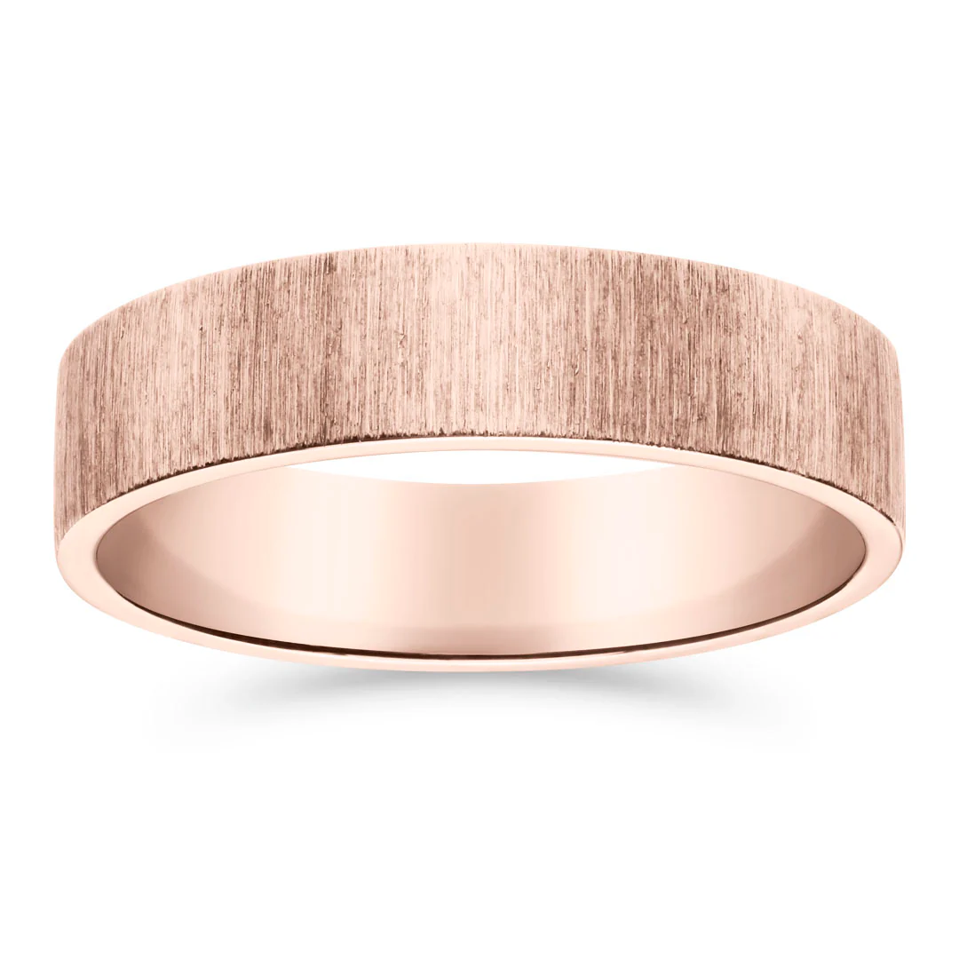 Silván kihlasormus, pystyharjattu pinta, 5mm flakka, rosekultaa, Silván kihlasormukset