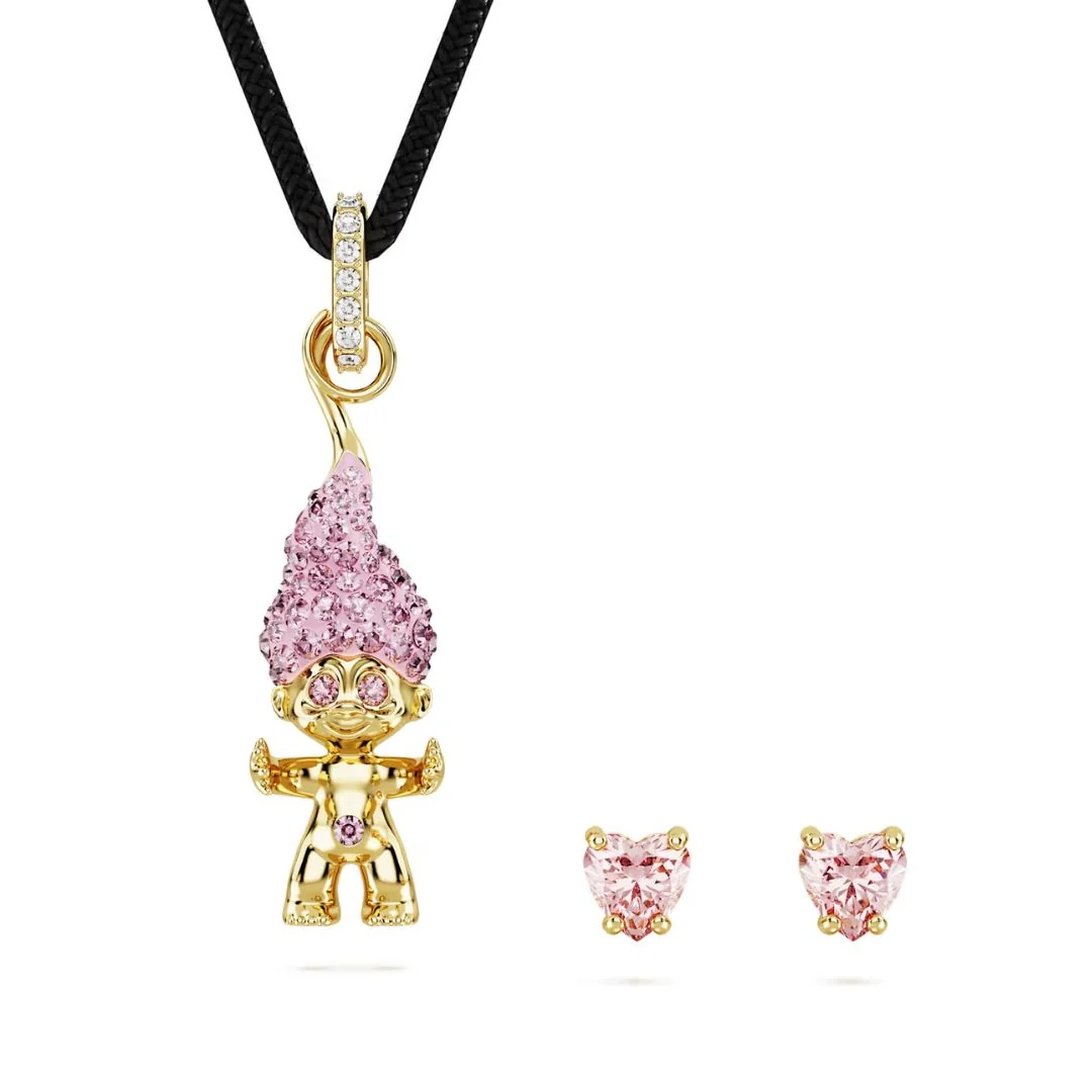 Swarovski Good Luck Troll riipus ja korvakorut, keltakullanväri ja pinkit kristallit 5691945