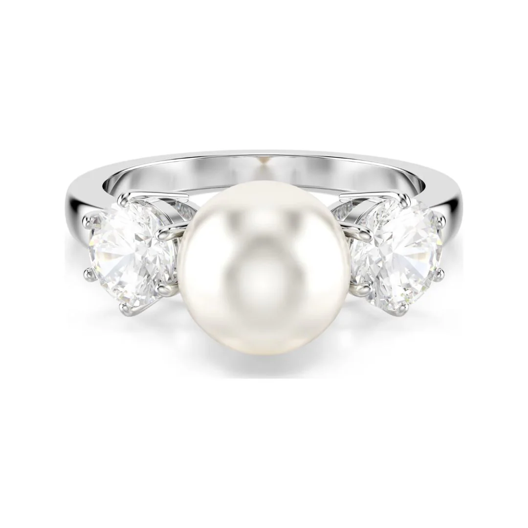 Swarovski Matrix sormus, vaalea metalli kirkkailla kristalleilla ja valkoisella helmellä
