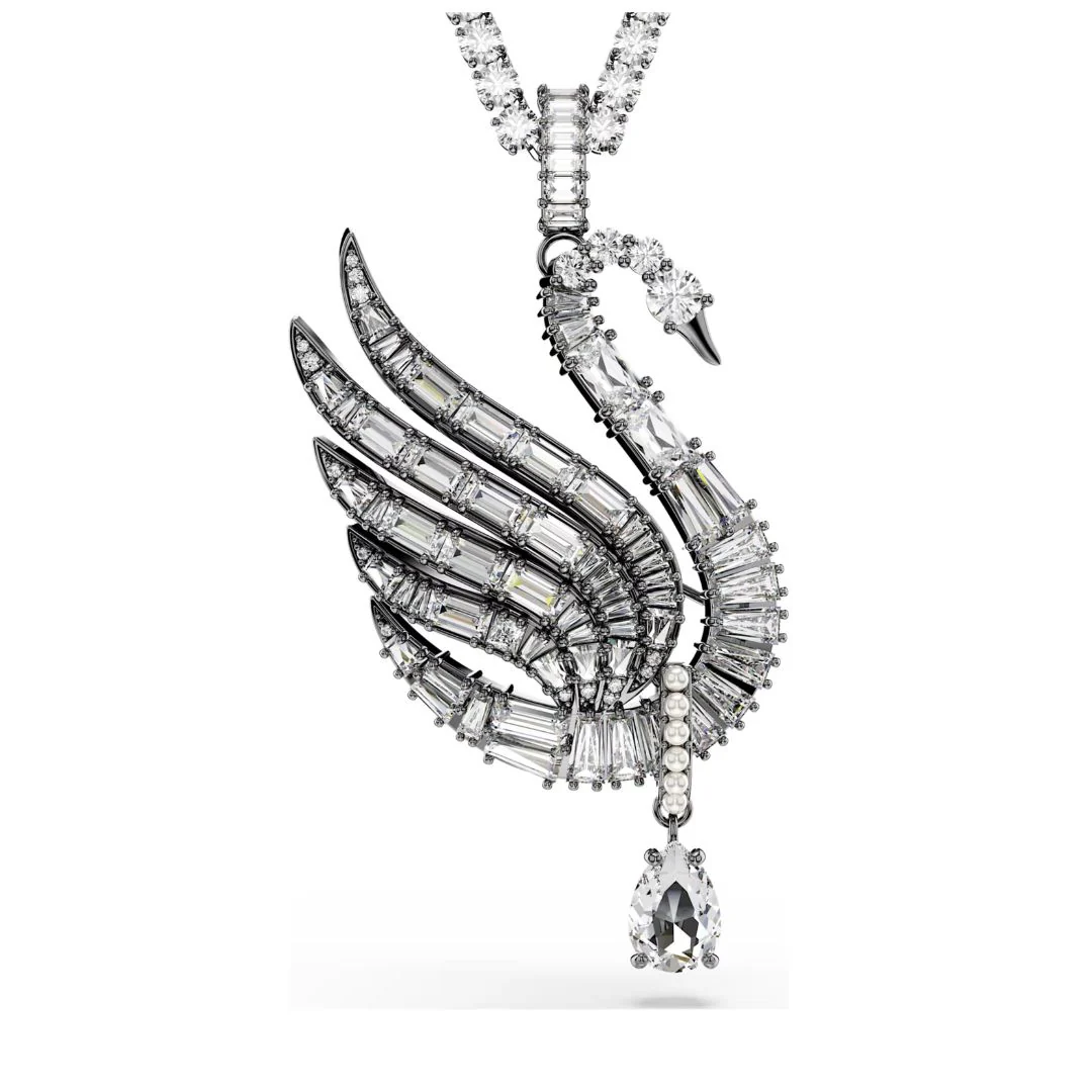Swarovski Swan riipus ja rintakoru, tumma metalli, kirkkaat kristallit ja valkoiset helmet, 5723411
