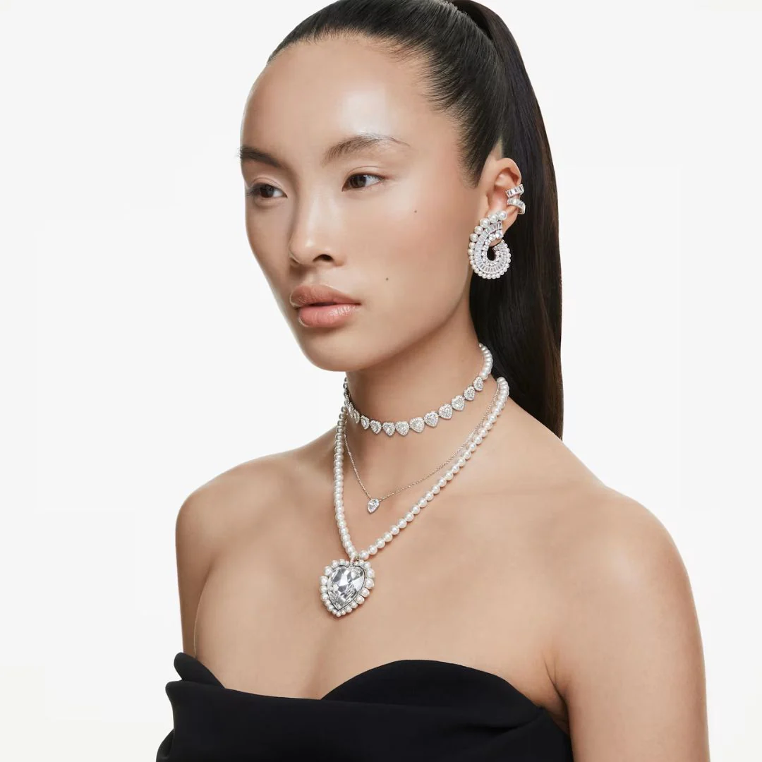 Swarovski x Ariana Grande Tennis Choker kaulakoru, vaalea metalli, kirkkaat kristallit ja valkoiset helmet, 5720861 - Image 3