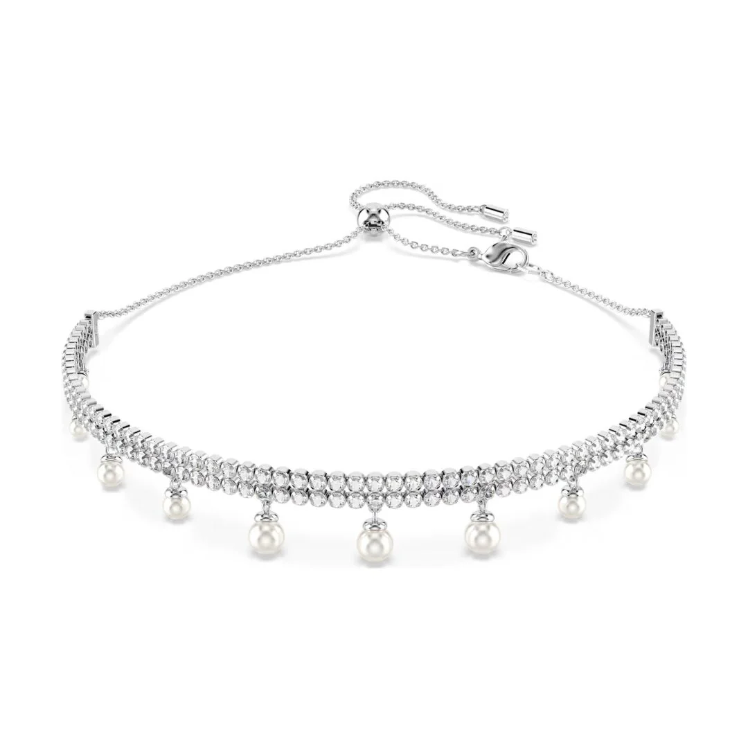 Swarovski x Ariana Grande Choker kaulakoru, vaalea metalli, kirkkaat kristallit ja valkoiset helmet, 5720865
