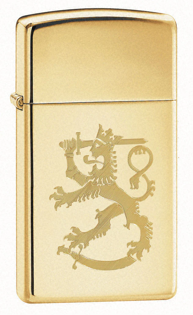 Zippo sytytin, Suomi Leijona, kiiltävä messinki, kapea malli